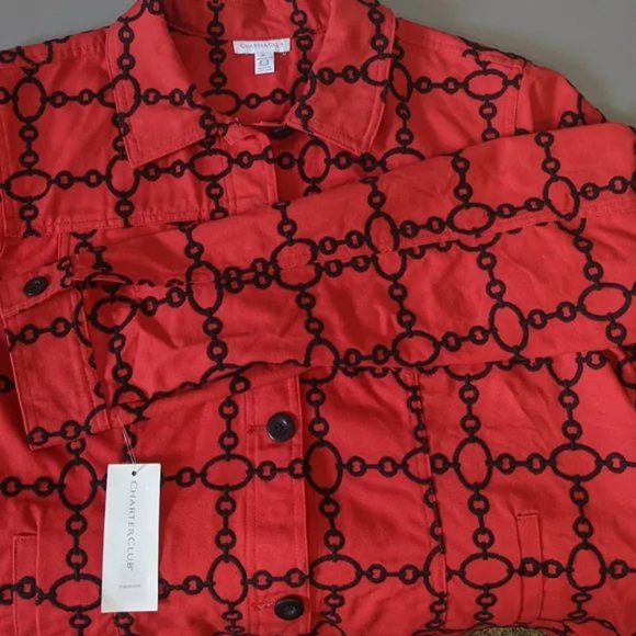 Charter Club Denim Jacket, Red / Black Chain Pattern, Size XL - Picture 4 of 10